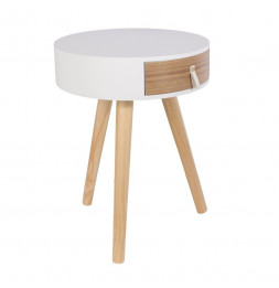 Table de chevet ronde en bois avec tiroir - Nora - D 34,5 x 47 cm - Blanc