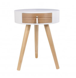 Table de chevet ronde en bois avec tiroir - Nora - D 34,5 x 47 cm - Blanc