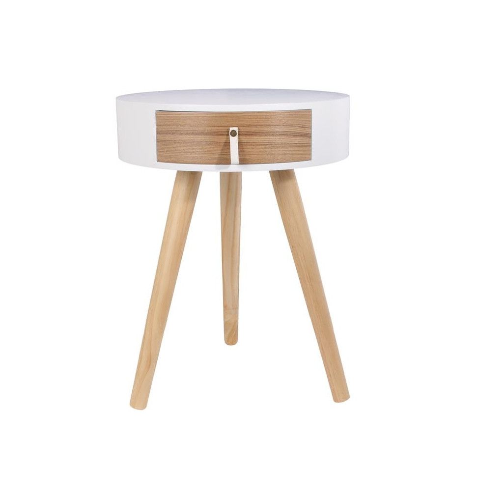 Table de chevet ronde en bois avec tiroir - Nora - D 34,5 x 47 cm - Blanc