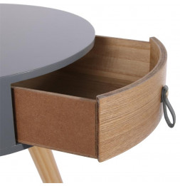 Table de chevet ronde en bois avec tiroir - Nora - D 34,5 x 47 cm - Gris