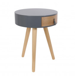 Table de chevet ronde en bois avec tiroir - Nora - D 34,5 x 47 cm - Gris