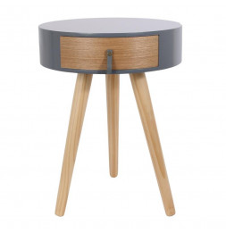 Table de chevet ronde en bois avec tiroir - Nora - D 34,5 x 47 cm - Gris