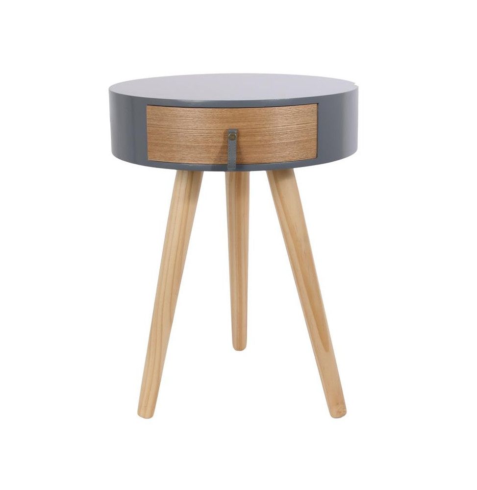 Table de chevet ronde en bois avec tiroir - Nora - D 34,5 x 47 cm - Gris