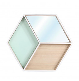 Étagère hexagonale murale avec miroir intégré - L 46,5 x l 7,7 x H 40 cm - Beige