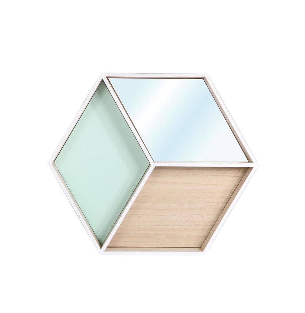 Étagère hexagonale murale avec miroir intégré - L 46,5 x l 7,7 x H 40 cm - Beige