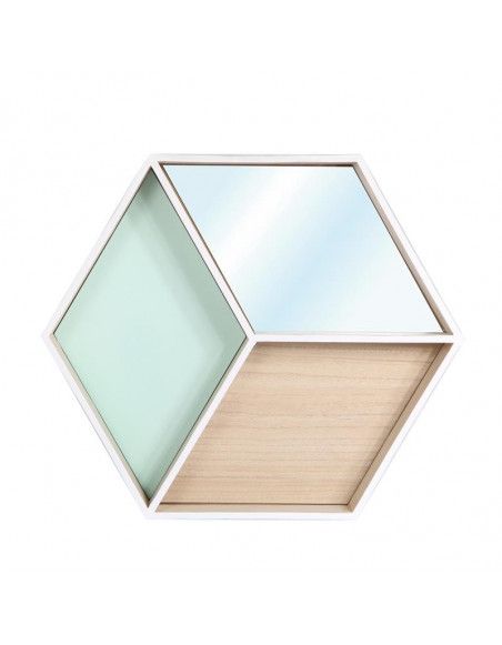 Étagère hexagonale murale avec miroir intégré - L 46,5 x l 7,7 x H 40 cm - Beige