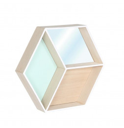 Étagère hexagonale murale avec miroir intégré - L 46,5 x l 7,7 x H 40 cm - Beige