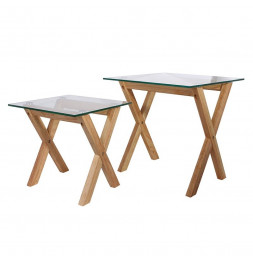 Lot de 2 tables gigognes avec plateau carré en verre trempé - L 50 x l 50 x H 50 cm - Beige