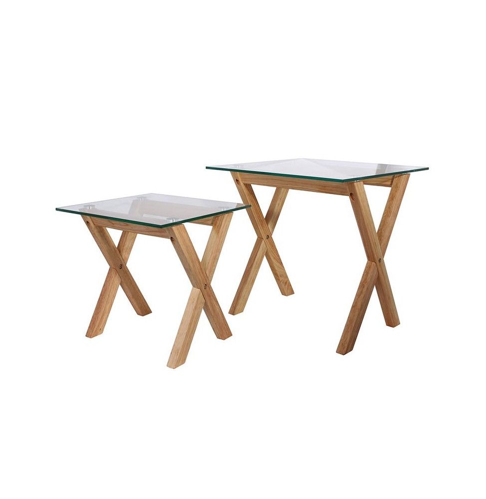 Lot de 2 tables gigognes avec plateau carré en verre trempé - L 50 x l 50 x H 50 cm - Beige