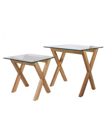 Lot de 2 tables gigognes avec plateau carré en verre trempé - L 50 x l 50 x H 50 cm - Beige