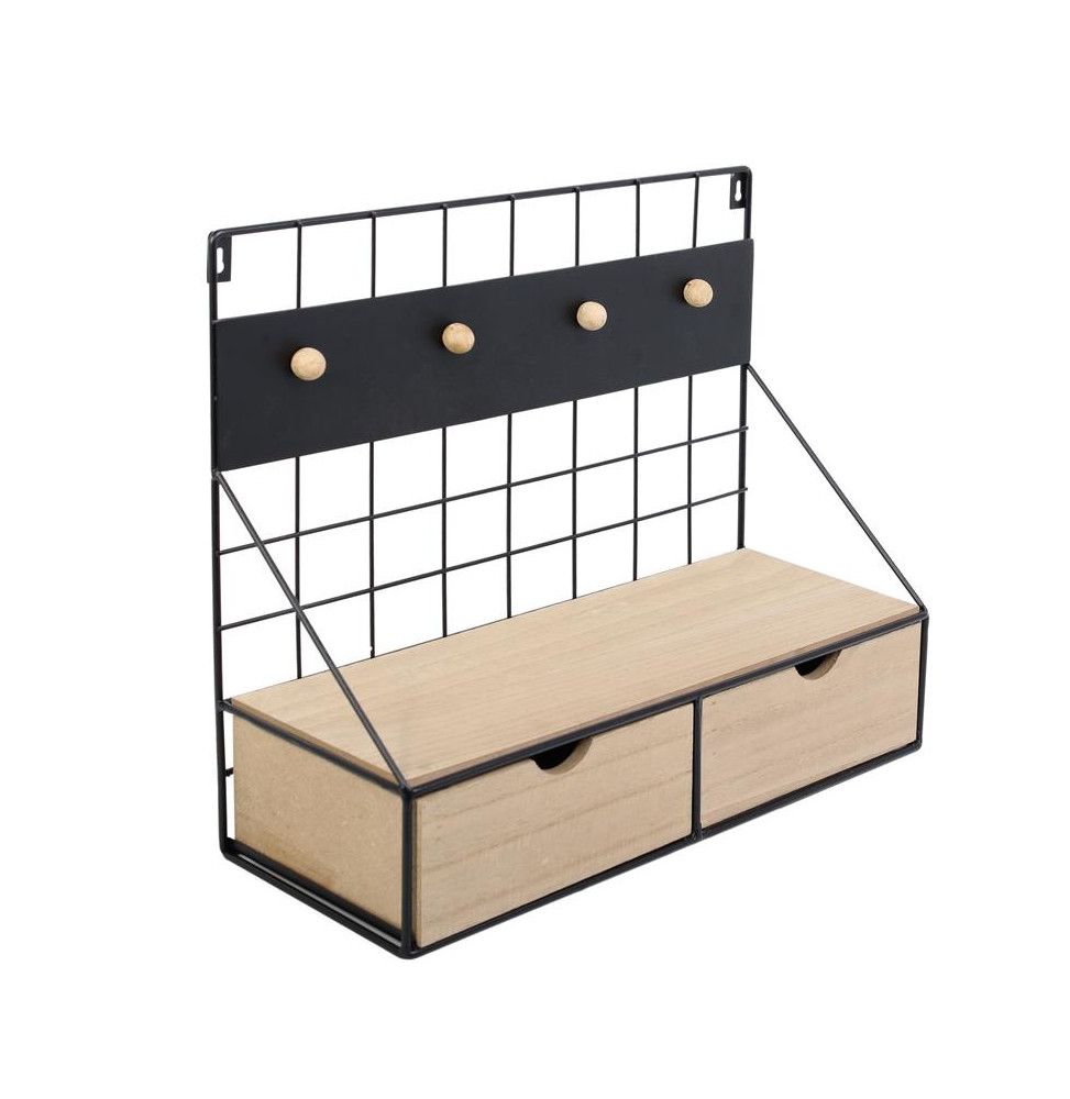 Étagère murale avec 2 tiroirs et 4 supports aimantés - L 41 x l 15 x H 34 cm - Beige et Noir