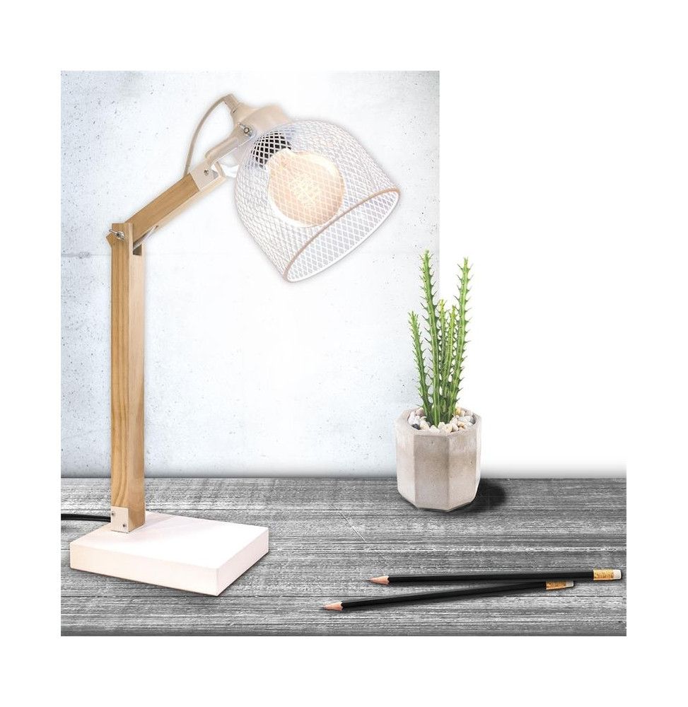 Lampe à poser abat-jour grillagé et bras articulé - L 26 x l 14 x H 38 cm - Blanc