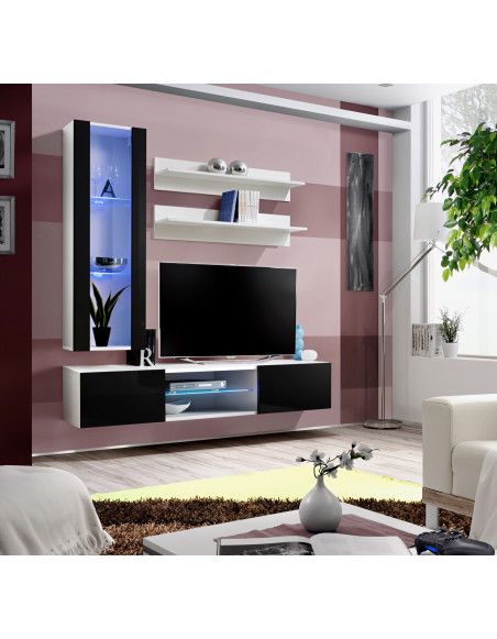 Ensemble TV mural - Fly S2 - 160 x 40 x 190 cm - Noir et blanc