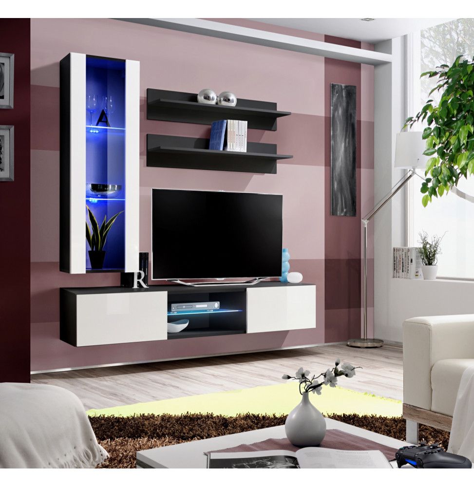 Ensemble TV mural - Fly S2 - 160 x 40 x 190 cm - Blanc et blanc