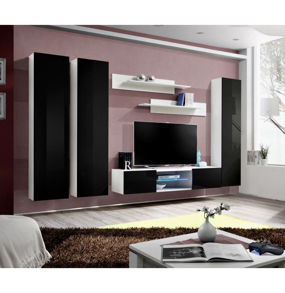 Ensemble TV mural - FLY P1 - 310 x 40 x 190 cm - Noir et blanc