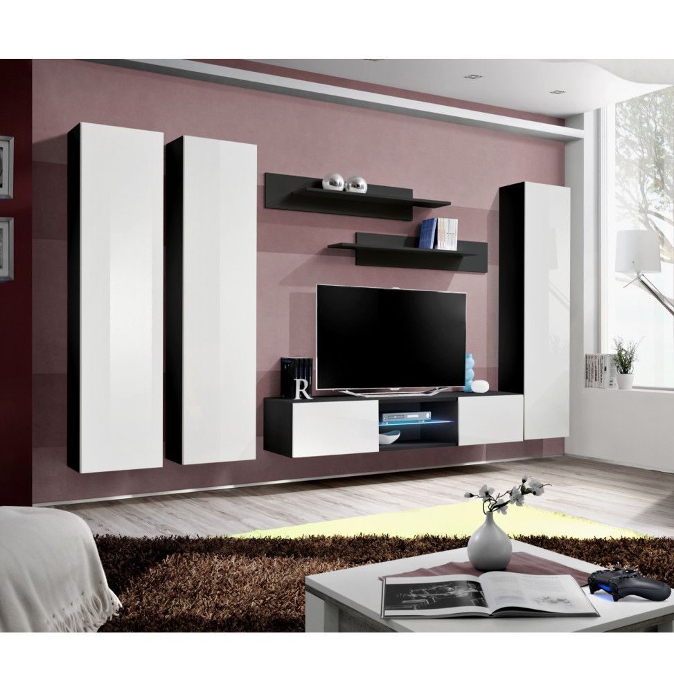 Ensemble TV mural - FLY P1 - 310 x 40 x 190 cm - Blanc et noir