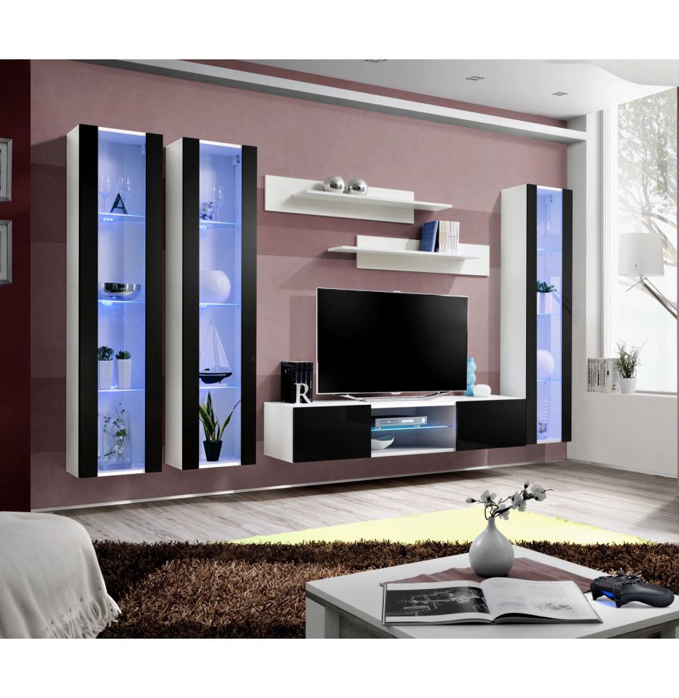 Ensemble TV mural - FLY P2 - 310 x 40 x 190 cm - Noir et blanc