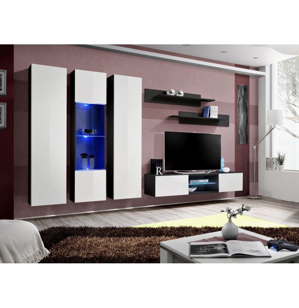 Ensemble TV mural - FLY P5 - 310 x 40 x 190 cm - Blanc et noir