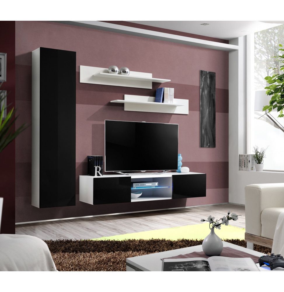 Ensemble TV mural - FLY R1 - 210 x 40 x 190 cm - Noir et blanc