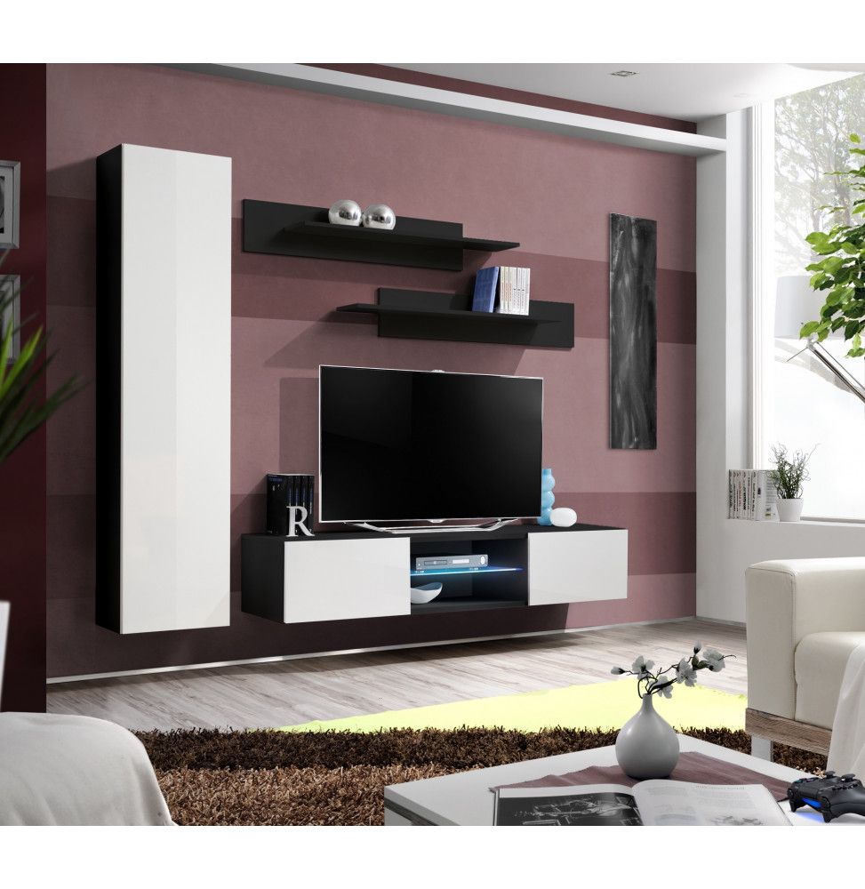 Ensemble TV mural - FLY R1 - 210 x 40 x 190 cm - Blanc et noir