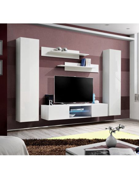 Ensemble meuble TV mural - FLY O1 - 260 x 40 x 190 cm - Blanc