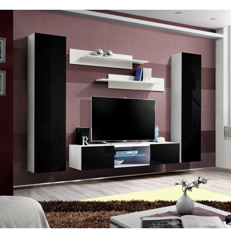 Ensemble meuble TV mural - FLY O1 - 260 x 40 x 190 cm - Noir et blanc