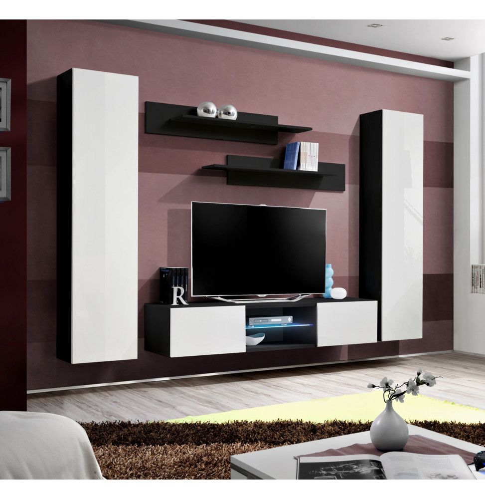 Ensemble meuble TV mural - FLY O1 - 260 x 40 x 190 cm - Blanc et noir