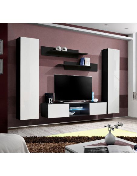 Ensemble meuble TV mural - FLY O1 - 260 x 40 x 190 cm - Blanc et noir