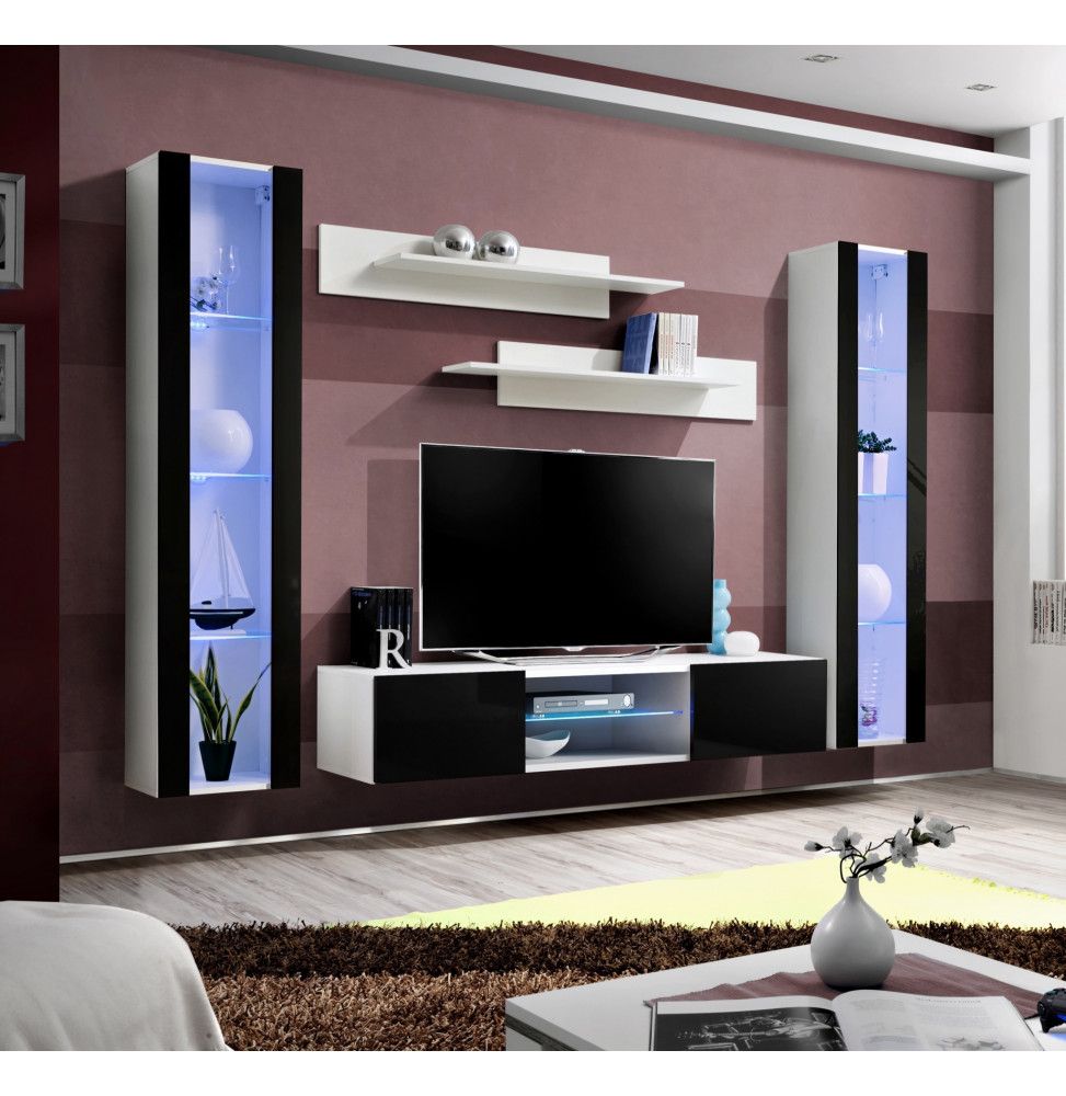 Ensemble meuble TV mural - FLY O2 - 260 x 40 x 190 cm - Noir et blanc