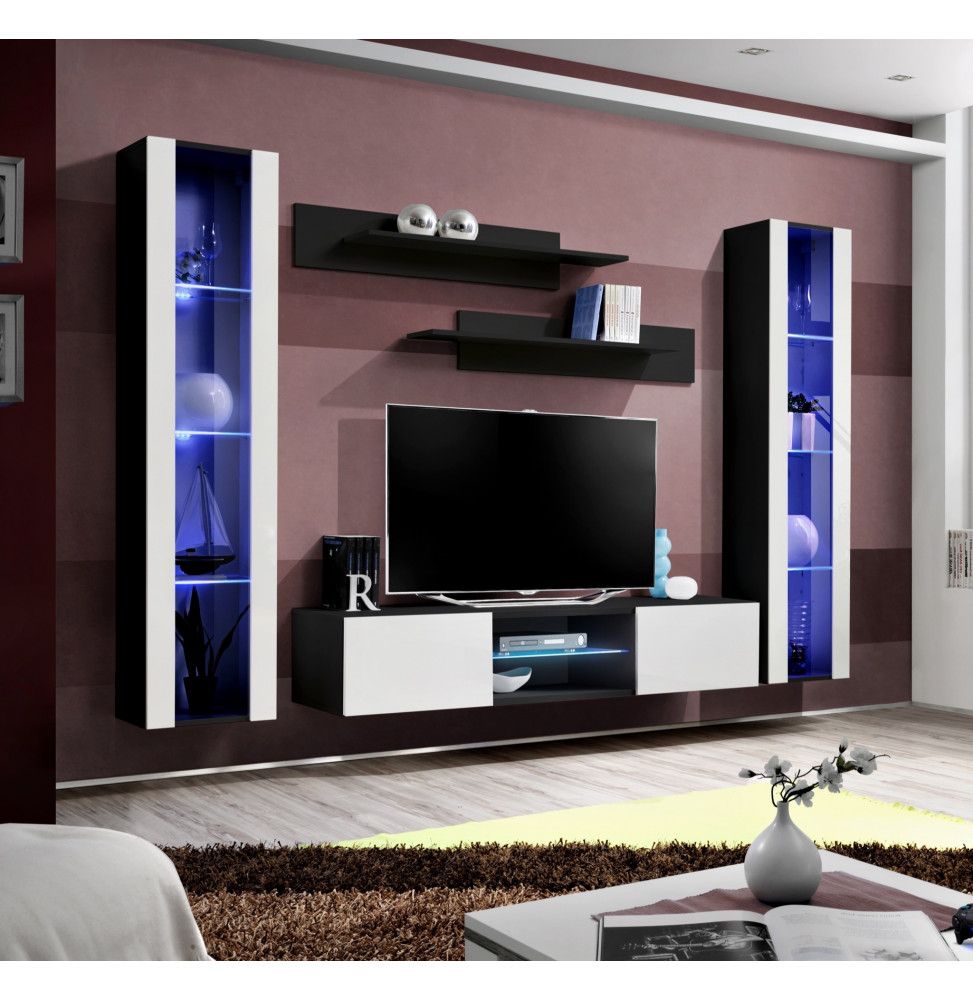 Ensemble meuble TV mural - FLY O2 - 260 x 40 x 190 cm - Blanc et noir