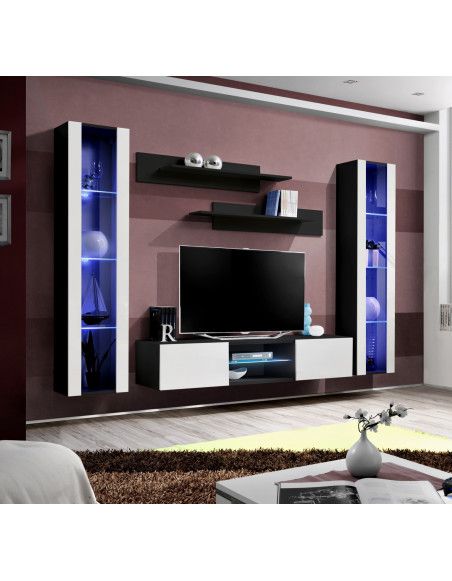 Ensemble meuble TV mural - FLY O2 - 260 x 40 x 190 cm - Blanc et noir