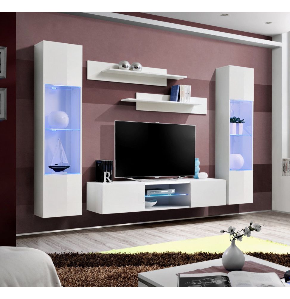 Ensemble meuble TV mural - FLY O3 - 260 x 40 x 190 cm - Blanc