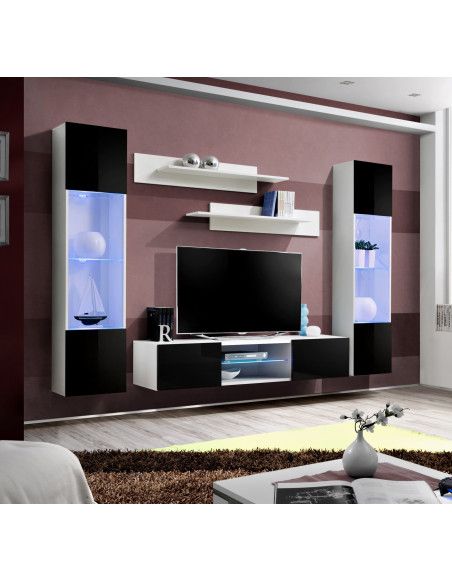 Ensemble meuble TV mural - FLY O3 - 260 x 40 x 190 cm - Noir et blanc