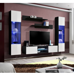 Ensemble meuble TV mural - FLY O3 - 260 x 40 x 190 cm - Blanc et noir