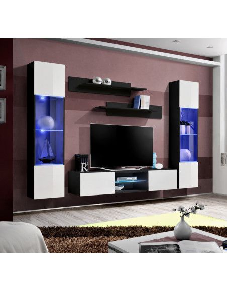 Ensemble meuble TV mural - FLY O3 - 260 x 40 x 190 cm - Blanc et noir