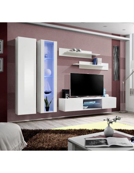 Ensemble meuble TV mural - FLY O4 - 260 x 40 x 190 cm - Blanc