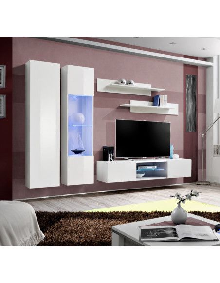 Ensemble meuble TV mural - FLY O5 - 260 x 40 x 190 cm - Blanc