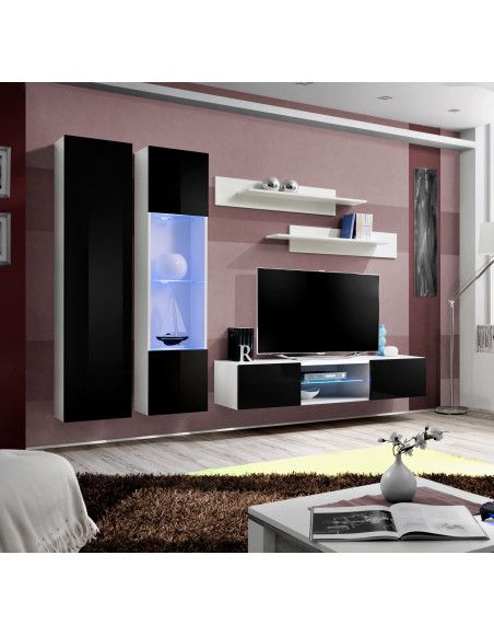Ensemble meuble TV mural - FLY O5 - 260 x 40 x 190 cm - Noir et blanc