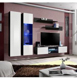 Ensemble meuble TV mural - FLY O5 - 260 x 40 x 190 cm - Blanc et noir