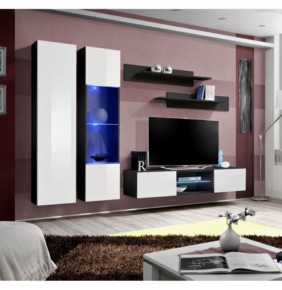 Ensemble meuble TV mural - FLY O5 - 260 x 40 x 190 cm - Blanc et noir