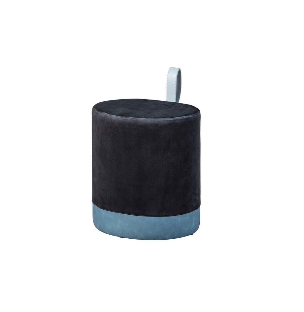 Tabouret Osane en velours avec lanière - l 38 x P 32 x H 43 cm - Noir et bleu