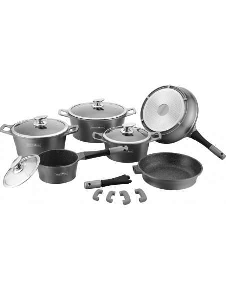 Batterie de cuisson complète effet marbre - 17 pièces - Tous feux - Gris