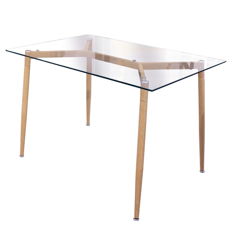 Table en verre avec pieds alliant métal et bois - L 115 x l 75 x H 75 cm