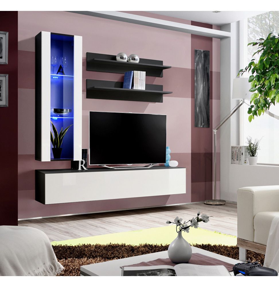 Ensemble meuble TV mural - Fly II - 160 cm x 170 cm x 40 cm - Blanc et Noir 2