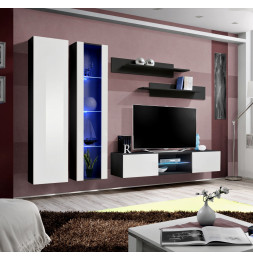 Ensemble meuble TV mural - FLY O4 - 260 x 40 x 190 cm - Blanc et noir