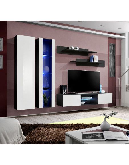 Ensemble meuble TV mural - FLY O4 - 260 x 40 x 190 cm - Blanc et noir