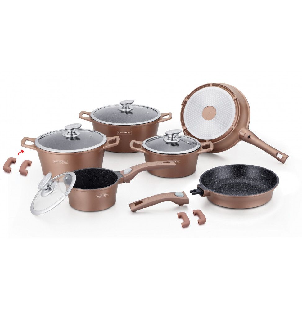 Batterie de cuisson complète poignées amovibles - Revêtement effet marbre - 20 pièces - Tous feux - Cuivre