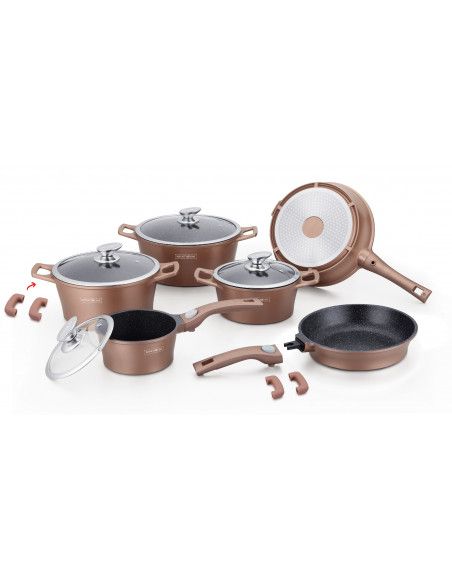 Batterie de cuisson complète poignées amovibles - Revêtement effet marbre - 20 pièces - Tous feux - Cuivre