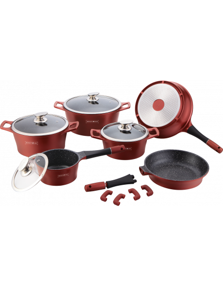 Batterie de cuisson complète effet marbre - 17 pièces - Tous feux - Rouge bordeaux