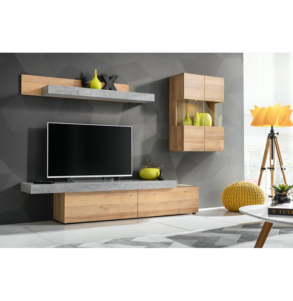 Ensemble meuble TV mural Concret - L 230 x P 40 x H 160 cm - Beige et gris